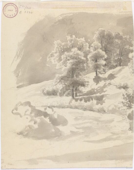 Landskap med bekk og trær