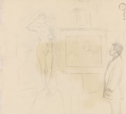 Mann med sigarett som betrakter kunstverk