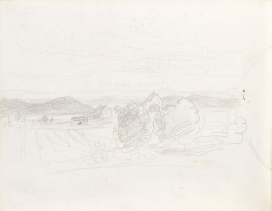 Landskap med åker, hus og trær