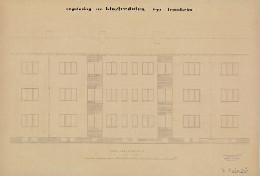 Utkast til regulering av Klosterdalen, fasadeoppriss av boligblokk