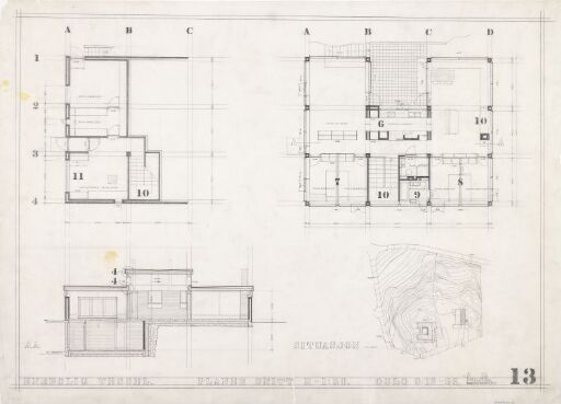 Villa Wessel. Plan, situasjonsplan og snitt.