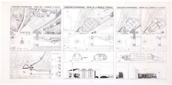 Bastille-operaen. Fasade, fugleperspektiv, plan, situasjonsplan og snitt