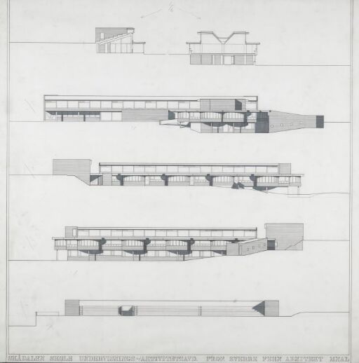 Undervisnings- og aktivitetsavdeling ved Skådalen skole. Fasade og snitt