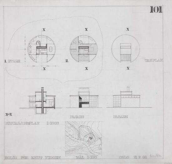 Villa Wiggen. Fasade, plan, situasjonsplan og snitt