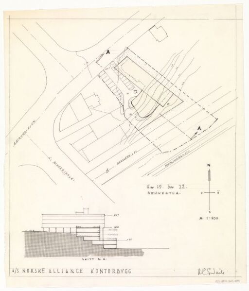 Kontorbygg for Norsk Alliance. Situasjonsplan og snitt