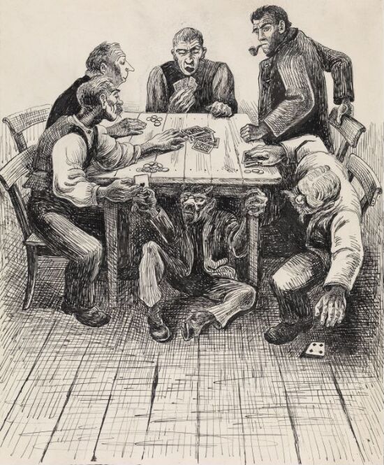 Illustrasjon til "Plankekjørerne", P. Chr. Asbjørnsen, Norske Huldre-eventyr og Folkesagn, Oslo 1934