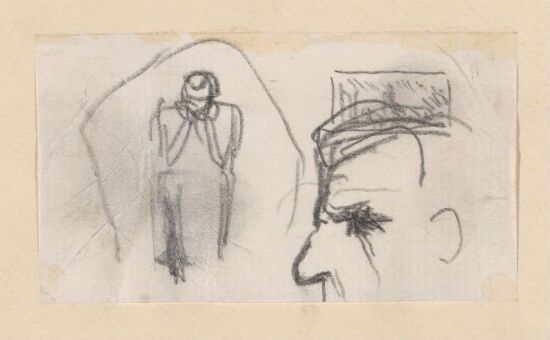 Sittende mann, hode i profil og riss av Helvetesrelieffet