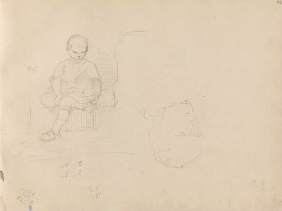 Gutt med hund; riss av hode