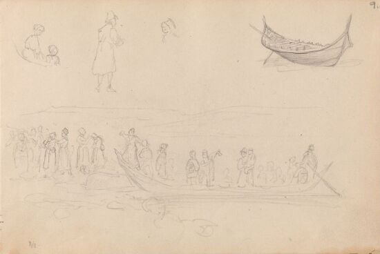 Figurstudier; båt; båtpassasjerer som går i land