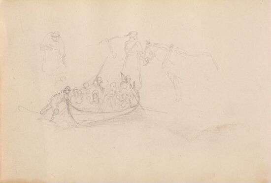 Riss av figurer og hester; båt med figurer