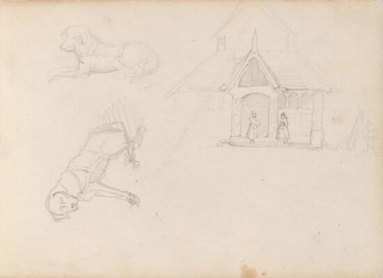 Figurer utenfor stavkirke; hundestudier