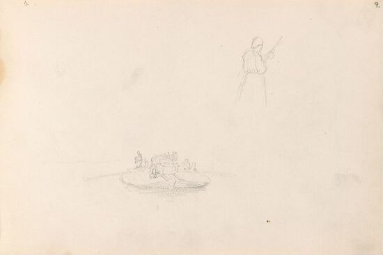 Båt med hest og vogn; figurstudie