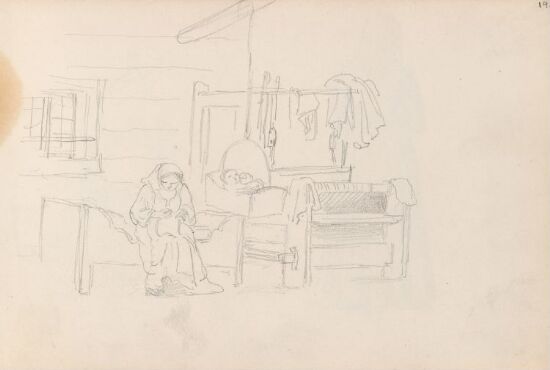 Interiør med seng, hengevugge, vev og figurer, Spättungen