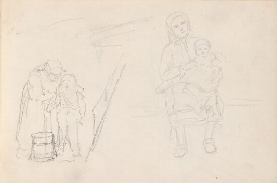 Kvinne og gutt; kvinne med barn på fanget