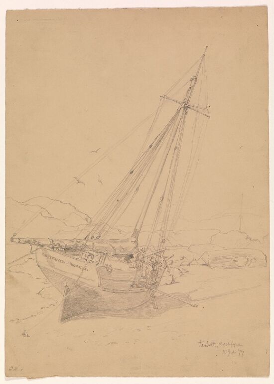 Seilskute på stranden i Tarbert, Loch Fyne