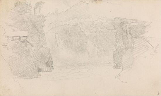 Landskap med foss og bygning