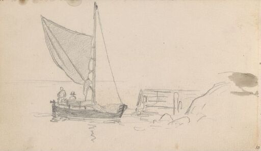 Seilbåt med figurer ved brygge