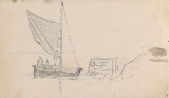 Seilbåt med figurer ved brygge