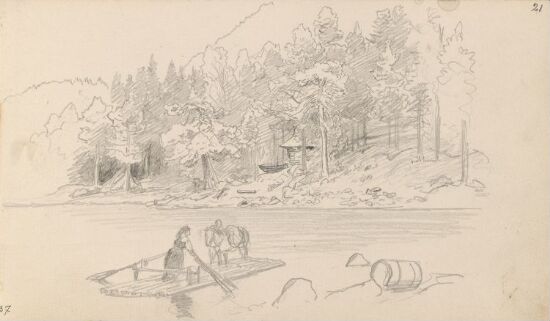 Frakt av hest med flåte i landskap