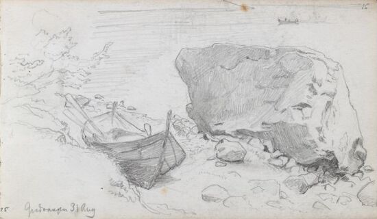 Bår og stein på stranden, Gudvangen