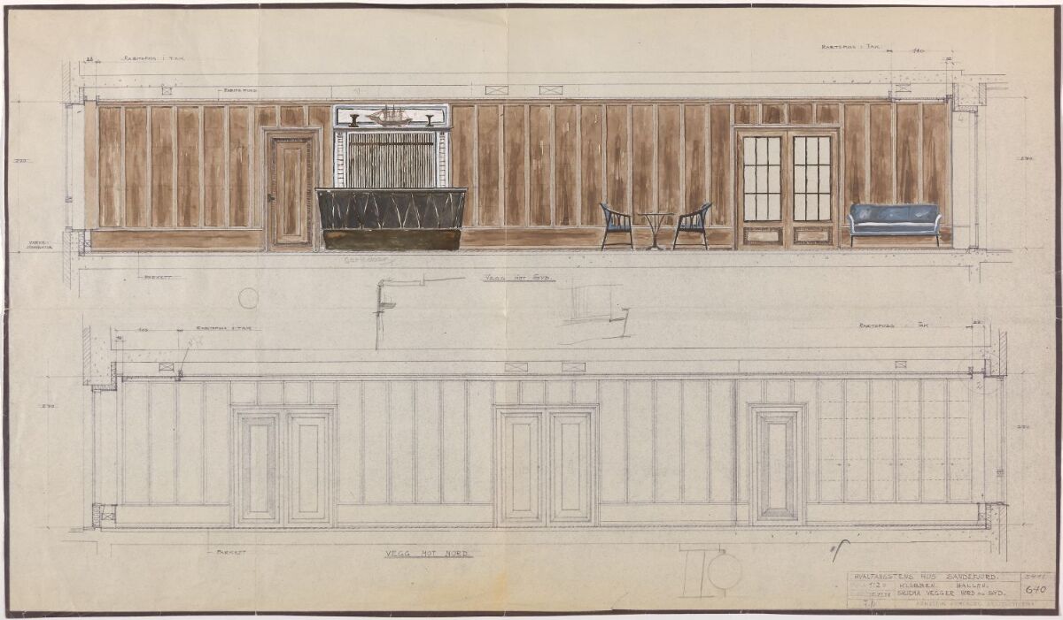 Arnstein Arneberg, Hvalfangstens hus. Skjema over vegger i hallen