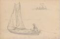 Seilbåt med mannsfigur i stiv kuling; båtstudie