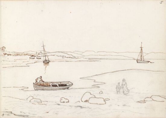 Landskap med båter og mennesker