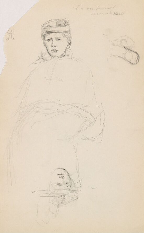 Kvinneportrett; riss av ben; riss av sko; kvinneansikt