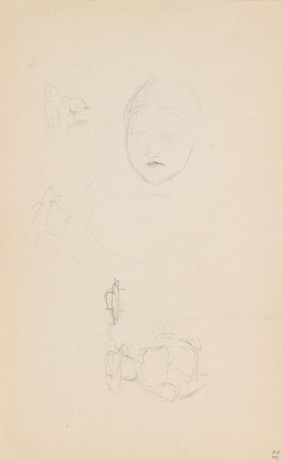 Riss av ansikt; riss av hode med hatt; riss av figur med hatt; riss av hatt; riss av figur med hatt