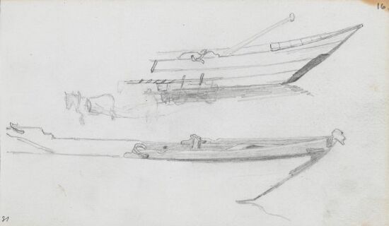 Riss av hest med plog; båtstudier