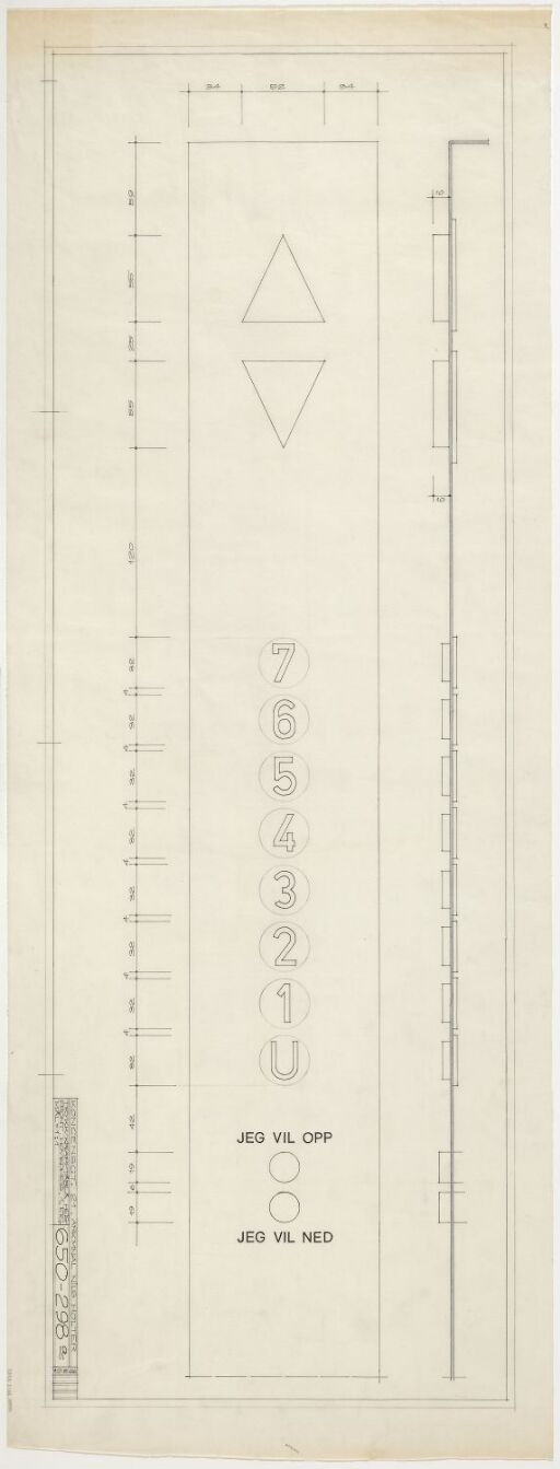 Tilbygg til Telegrafbygningen. Detaljtegning av trykknapptablå for heis