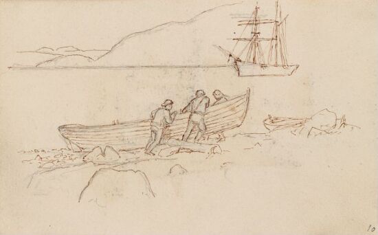 Menn som drar båt på land, Drøbak