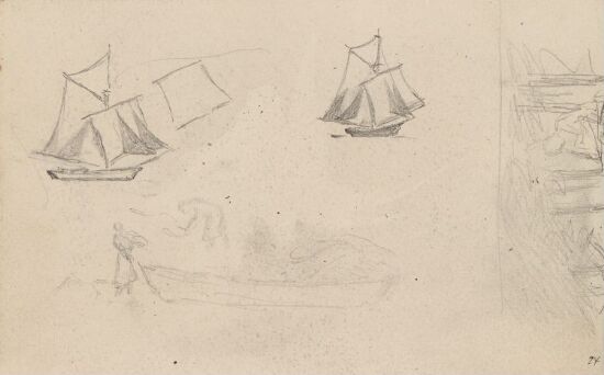 Båtstudier; riss av båt og figurer
