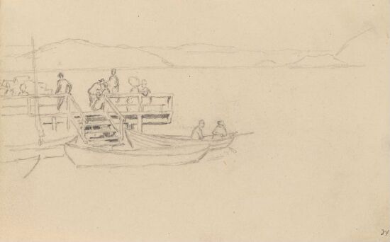 Båter og figurer ved brygge