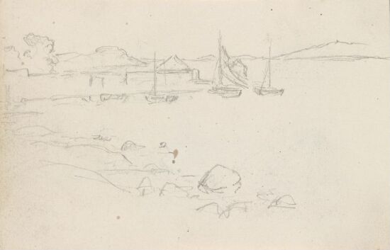 Landskap med strand og brygge