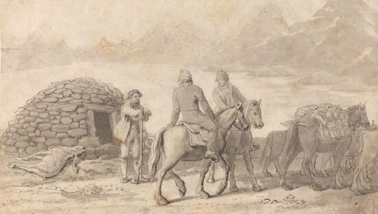 Reinjeger og reisende utenfor steinbu ved Bygdin