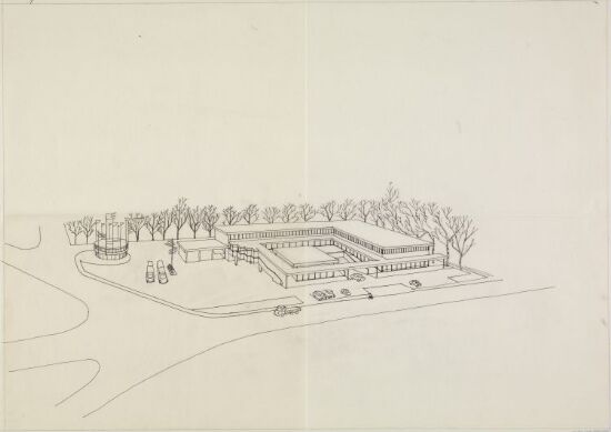 Norske Fina A/S – forslag til utnyttelse av Borgheim, Vestad, Elverum. Eksteriørperspektiv.