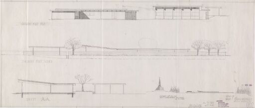 Gravberget skole. Eksteriørperspektiv, fasadeoppriss og snitt.