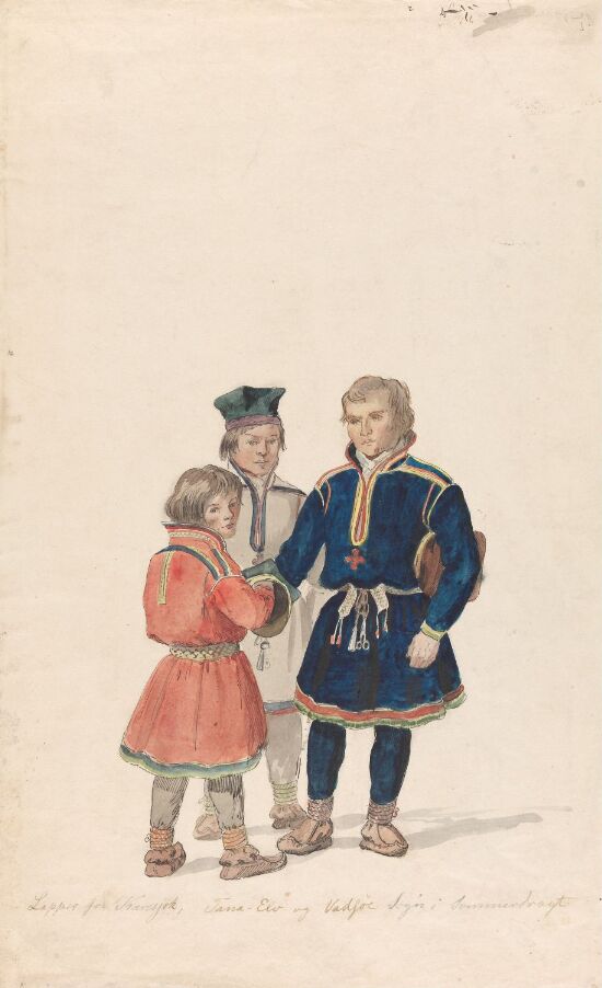 John Isaksen fra Karasjok, Anders Pedersen fra Tana og Hans Mortensen Kolpus fra Vadsø i sommerdrakter