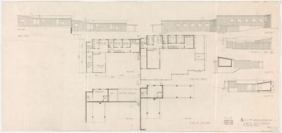 Atriumhus på Mæhlumsløkka. Fasadeoppriss, plan og snitt.
