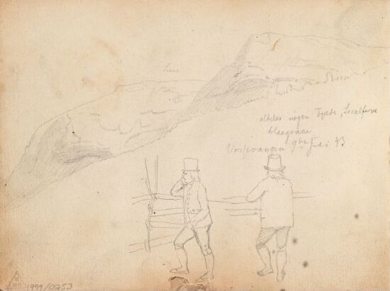 Fjellparti og mannsfigurer, Vossevangen