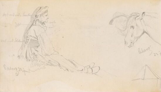 Sittende kvinne, Eidsborg; mannshode og hest, Eidsborg