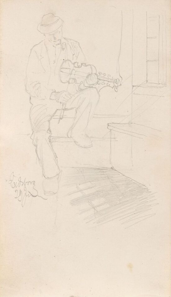 Mann med fele i interiør, Eidsborg