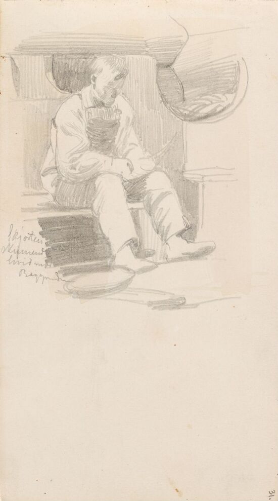 Sittende mannsfigur i interiør