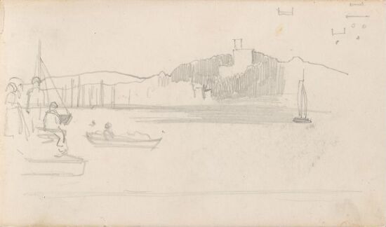 Kystlandskap med båter og figurer