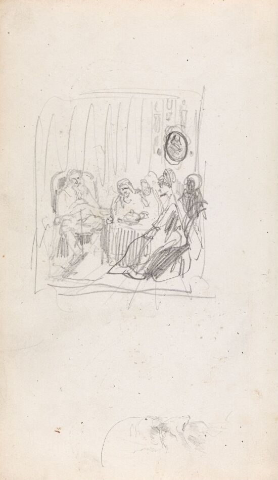 Komposisjonsskisse med hoffscene; mannsprofil