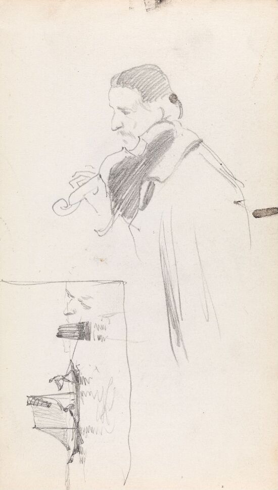 Mann med fiolin; fiskebåt på havet