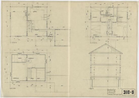 Standard House Type 310-5 for Temperete Climates. Section and Plans