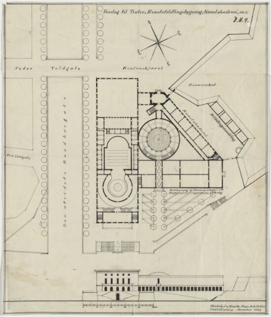 Forslag til et Kunstnernes hus på Kontraskjæret, situasjonsplan og fasadeoppriss