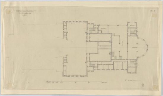 Utvidelse av Nationaltheatret, plan av 1. etasje, alternativ med butikklokaler
